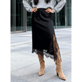 thumbnail image 2 of Black Satin Lace Trim Maxi Skirt With Asymmetrical Hem And Side Slit, 2 of 8
