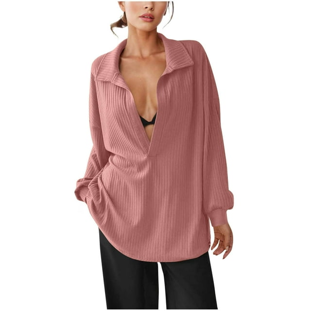 HongQid Womens Oversized Deep V Neck Sweatshirts Casual Collared Long Sleeve Ribbed Knit Pullover Tops