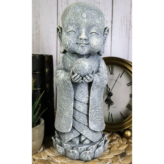 Ebros Japanese Jizo Monk Standing On Lotus Figurine 9.75"H (With Wisdom Pearl)