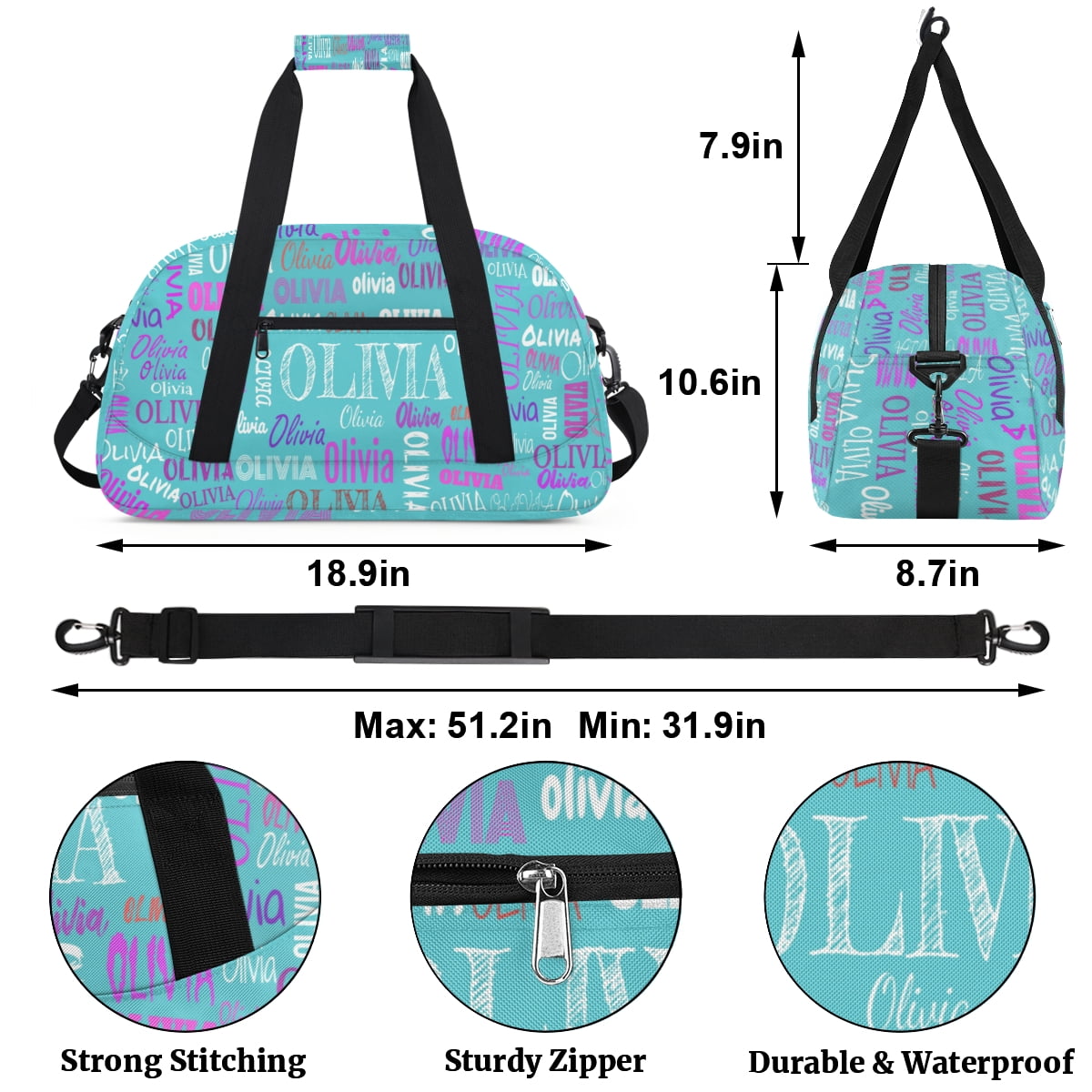 Dance Bag for Kids Girls Personalized Bag Name Overnight Bag Ballet Bag Gym Bag Light Blue
