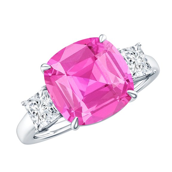 Rosec Jewels Lab Grown Pink Sapphire Cushion Cut Engagement Ring (12 mm, AAAA Grade) - Sapphire Moissanite Ring - with Jewelry Box, 925 Sterling Silver, US 4.00