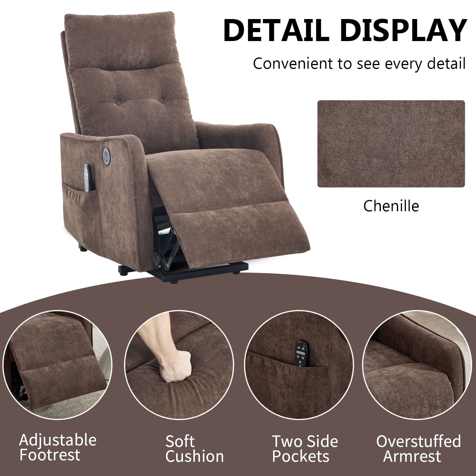 MAYEERTY Chenille Power Lift Recliner Chair for Elderly, Single Motor Electric Lift Chair with 8-Point Massage & Lumbar Heat, USB Charging Port, for Living Room Bedroom