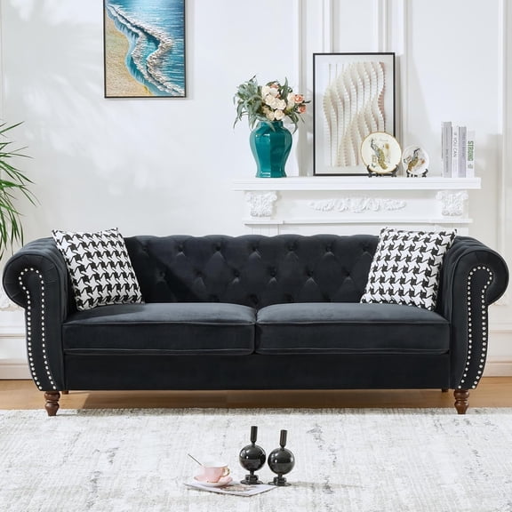YWEN 87" Chesterfield Sofa, Mid Century Upholstered Button Tufted Sofa, 3 Seater Velvet Couch with Roll Armrest & Nailhead for Living Room Office
