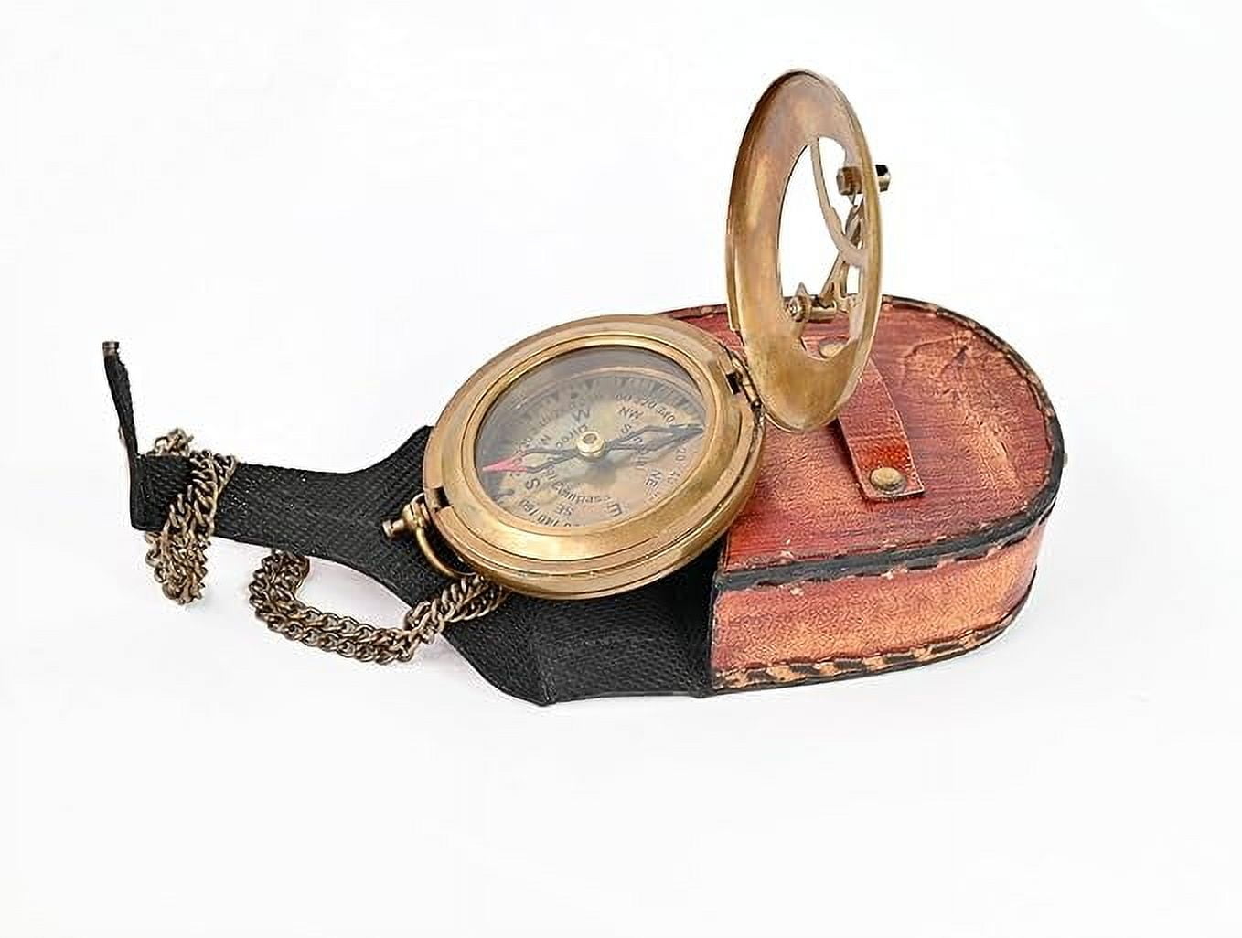 Maritime treasures Instruments Brass Sundial Compass with Leather Case and Chain - Steampunk Accessory - Antiquated Finish - Beautiful Handmade Gift -Sundial Clock (Classic)