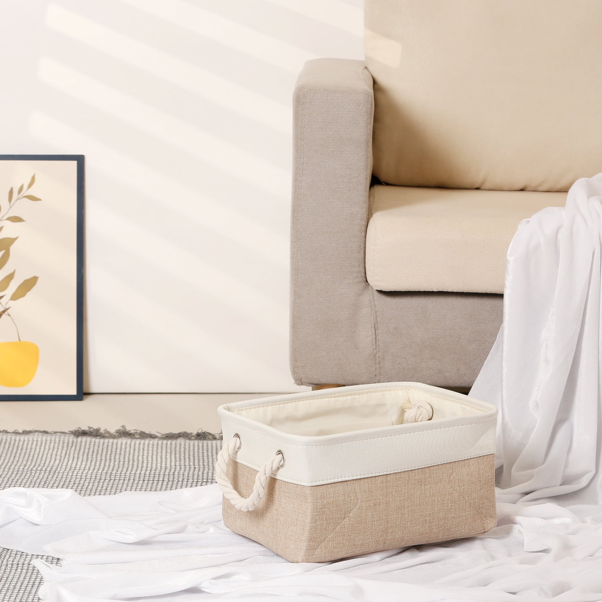 Unique Bargains Fabric Storage Cube Storage Bin Storage Basket White/Khaki 12*8*6in