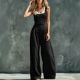 thumbnail image 6 of Women's Spaghetti Strap Cowl Neck Jumpsuit, Front Button High Waist Wide Leg Full Length Loose Solid Color Romper with Side Pockets Black L(L), 6 of 6
