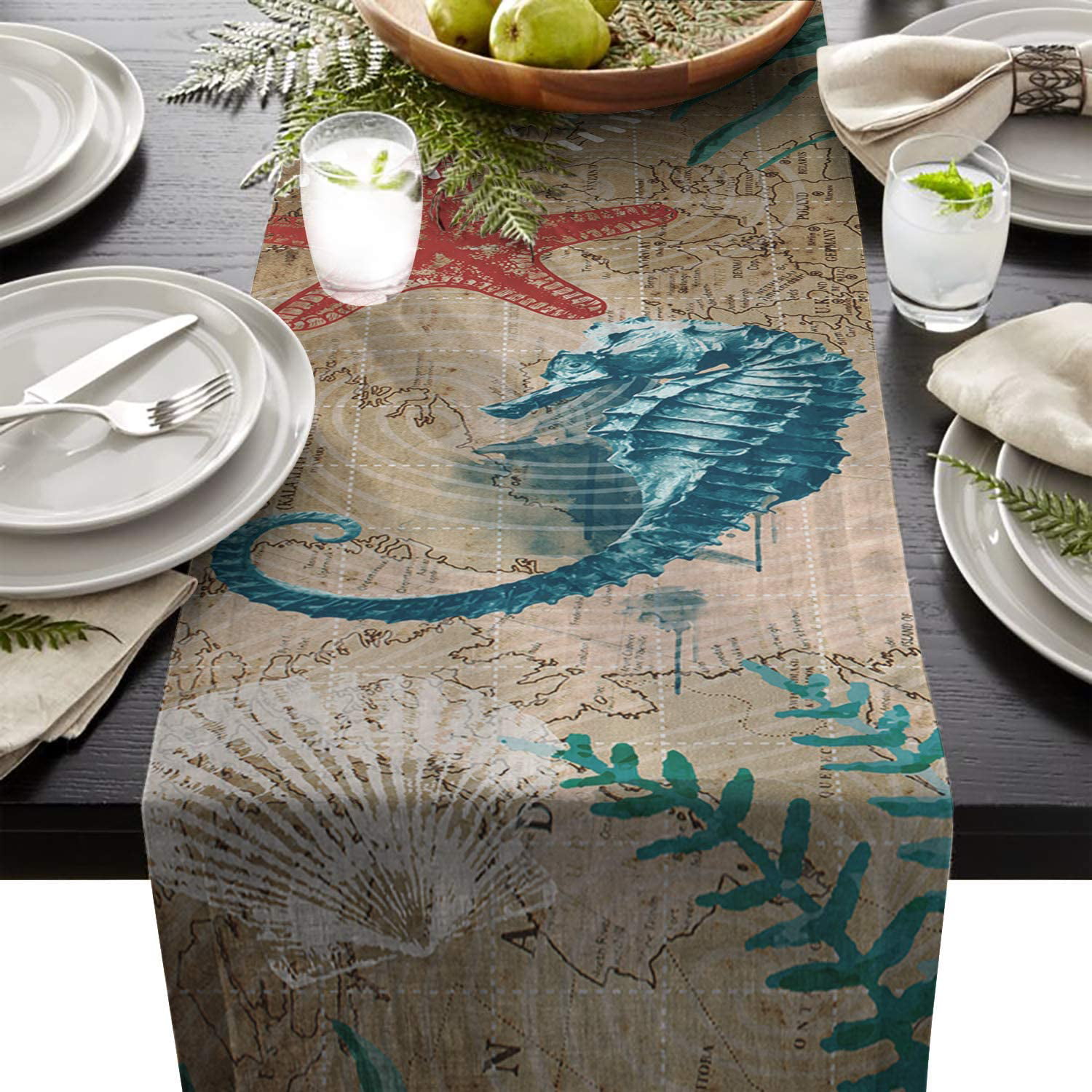 Sea Animal Seahorse Print Table Runner+Summer Autumn Festival Dresser Scarves Non-Slip Heat Resistant Table Runners for Kitchen Dining Table Party Wedding Holiday Events 13 X 70 Inch