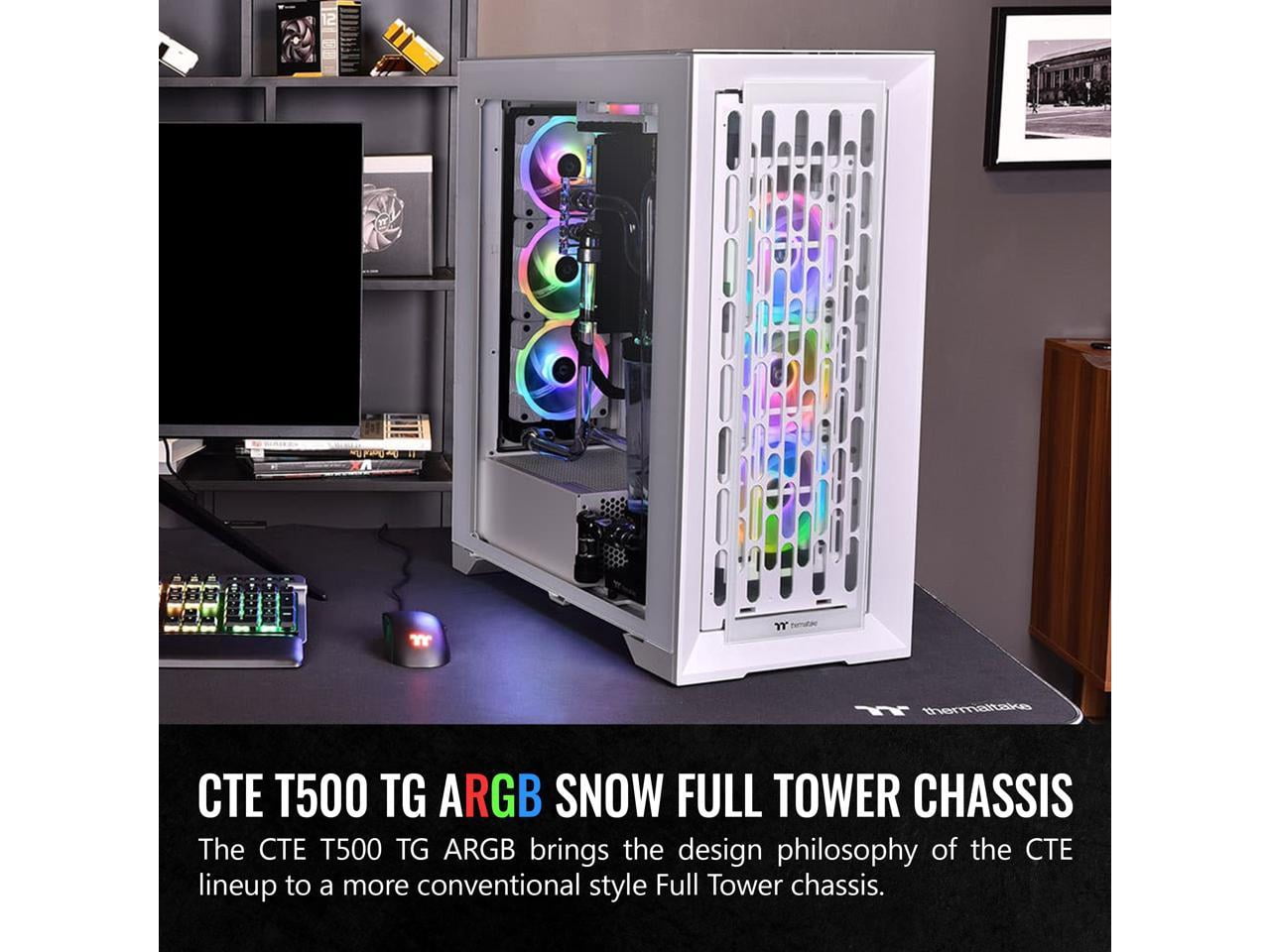Thermaltake CTE T500 TG ARGB Snow E-ATX Full Tower with Centralized Thermal Efficiency Design; 3x140mm White CT140 ARGB Fans Pre-Installed; Tempered Glass Front & Side Panel; CA-1X8-00F6WN-01; White