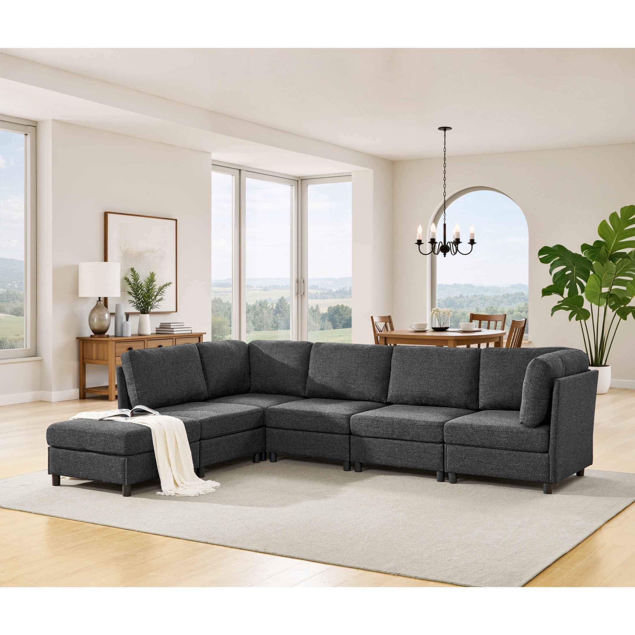 Noble House Modular Sectional Sofa with Convertible Ottoman, 6-Seat Corner Couch, Dark Gray