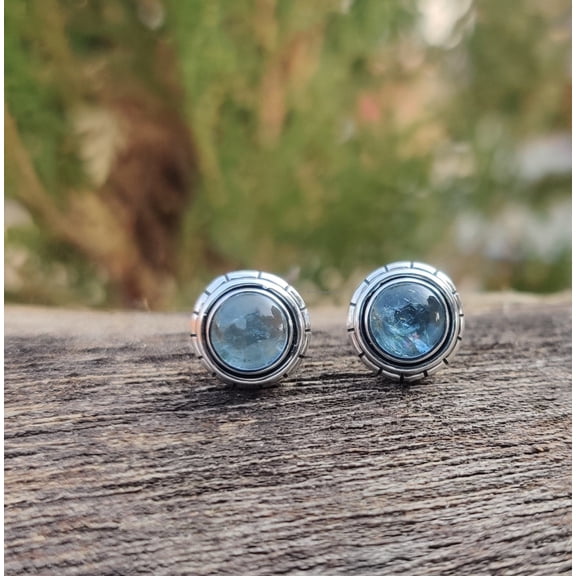 Aquamarine Stud Earrings – 925 Sterling Silver Milky Aquamarine Cabochon Minimalist Studs for Women, Handmade Boho Birthstone Jewelry Gift for Birthday, Anniversary