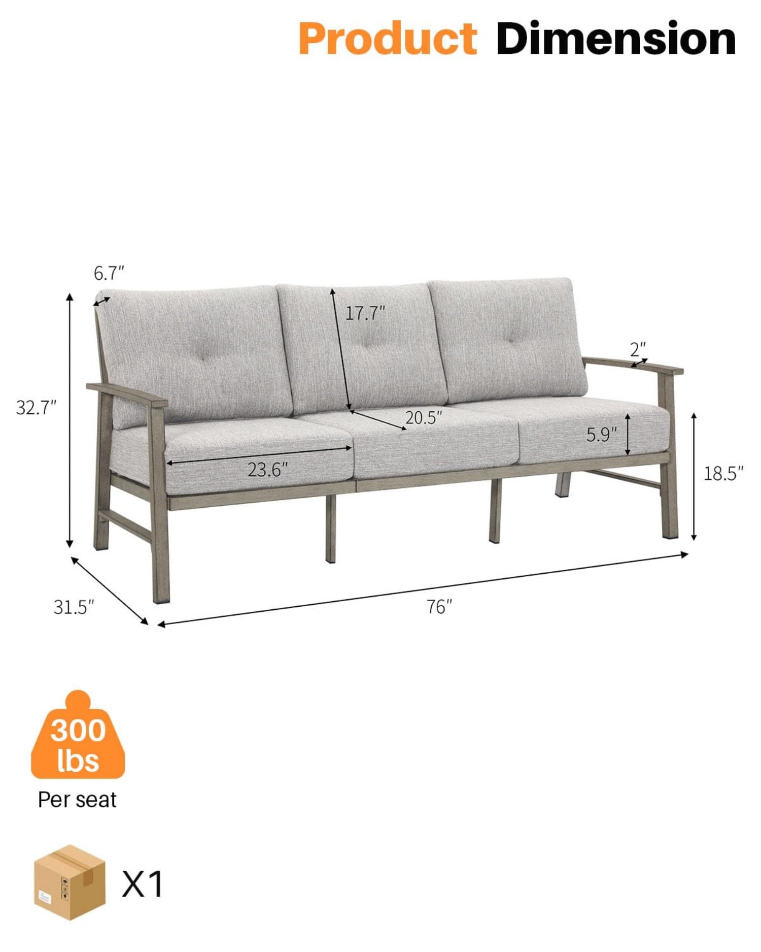 3-Seater Outdoor Patio Sofa, Aluminum Outdoor Couch with 5.9" Thick Cushions, All-Weather Patio Furniture Sofa for Backyard, Balcony, Poolside, Lawn, Dark Gray