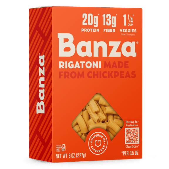 Banza Rigatoni Pasta from Chickpeas - Made In Italy, High Protein, High Fiber, and Lower Carb Italian Chickpea Noodles, 8oz