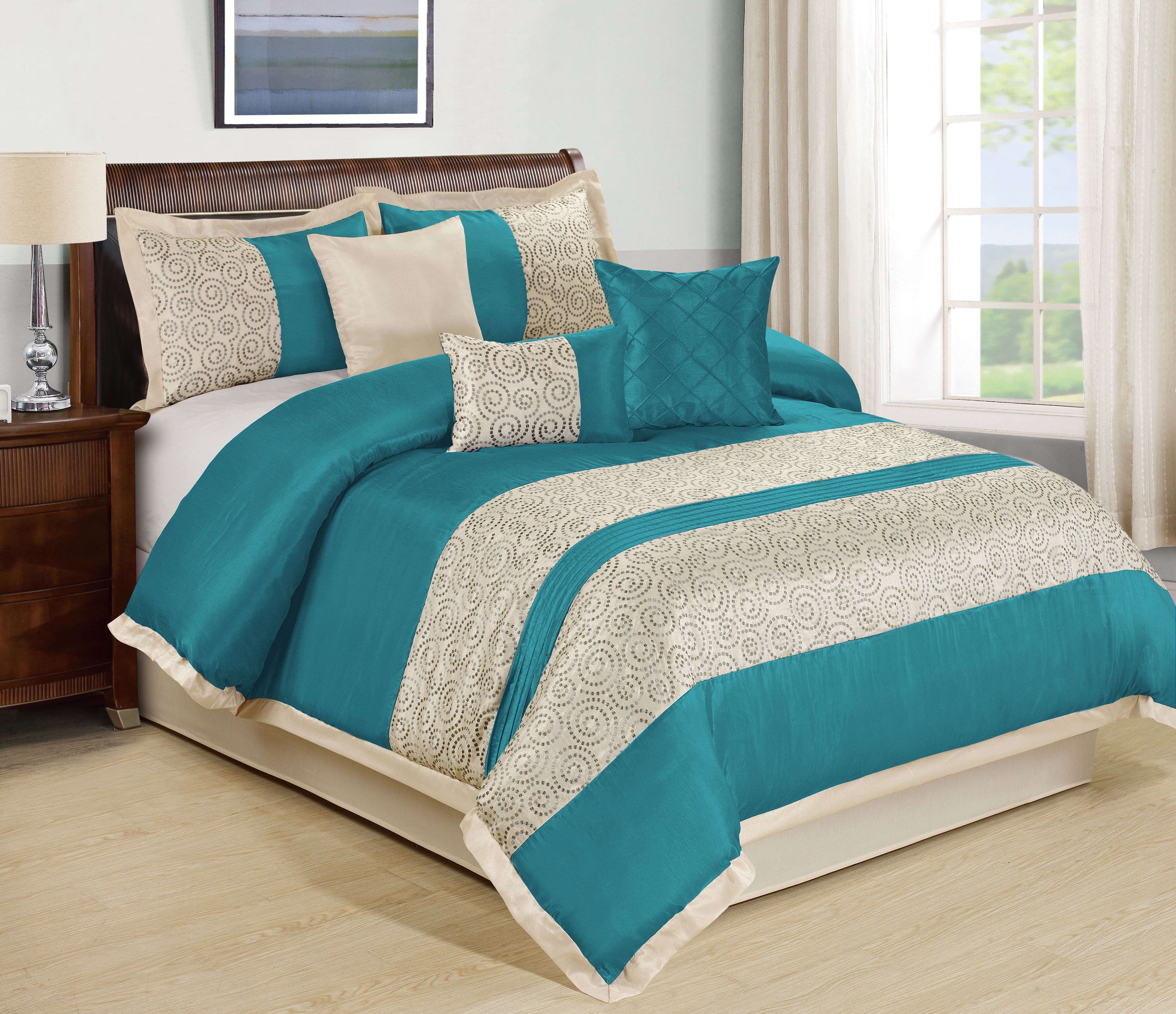 WT 7 Piece Faux Silk Fabric Scroll Embroidery Comforter Set Teal Color
