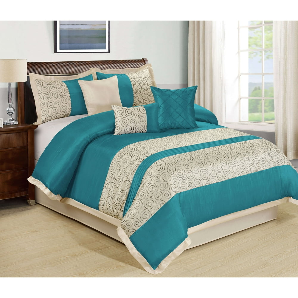 WT 7 Piece Faux Silk Fabric Scroll Embroidery Comforter Set Teal Color