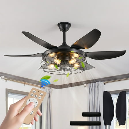 52 Inch Black Ceiling Fan with Light and Industrial Cage Design, 6 Speed Reversible DC Motor for Living Room Bedroom Dining Room