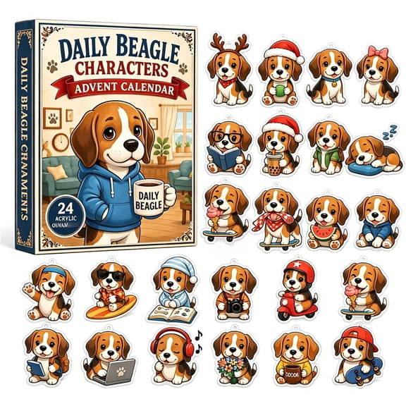 2026 Daily Beagle Advent Calendar, 24 Days Christmas Collectible Surprises with Festive 2D Acrylic Figures - For Lovers Family Christmas Decor Holiday Advent Gift