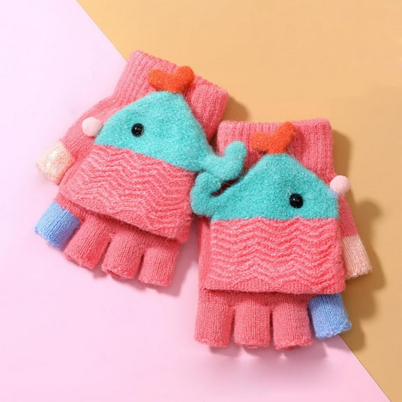Wancir Cartoon Convertible Flip Top Gloves Toddler Kids Winter Wool Knit Fingerless Gloves with Mitten Cover for Girls Boys 4-12 Yrs