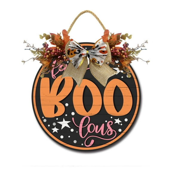 Eveokoki Halloween Decorations Door Sign, 11 Inch Rustic Fabulous Boo Wooden Hanging Sign for Front Door, Wreath with Bow Party Indoor Outdoor Decor Home