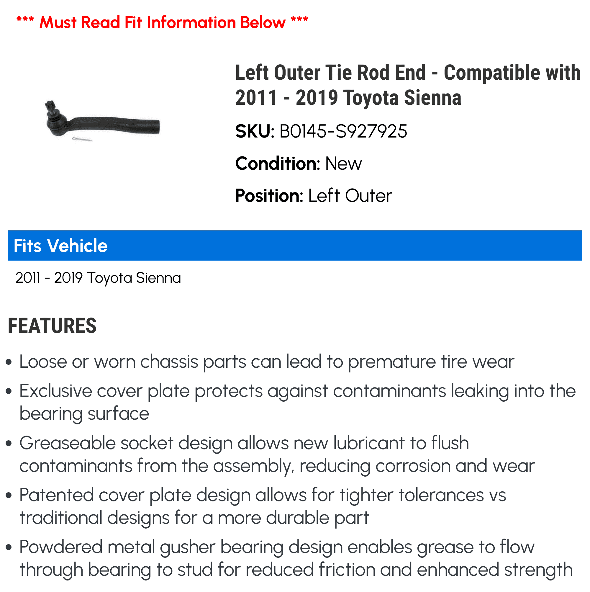 Left Outer Tie Rod End - Compatible with 2011 - 2019 Toyota Sienna 2012 2013 2014 2015 2016 2017 2018