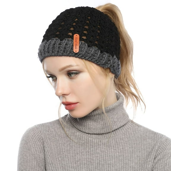 Women Ponytail Beanie Winter Warm Soft Knit Messy Bun Hat,Black