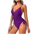 thumbnail image 2 of Cavosen Tankini Bathing Suits Women Wireless Padded V Neck One Piece Bathing Suit Backless V Neck Swimsuit Ruched Drawstring Workout Swimwear Summer Vacation Beachwear Purple S, 2 of 5