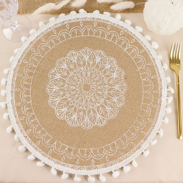 Efavormart 4 Pack | Natural 15" Jute & White Embroidery Mandala Print ...