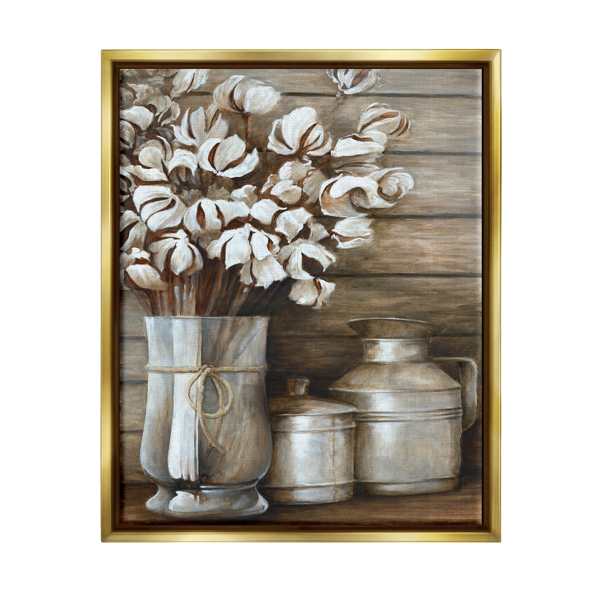 Stupell Industries Traditional Flower Bouquet Rustic Country Cans Painting Metallic Gold Floating Framed Canvas Print Wall Art, Design by White Ladder