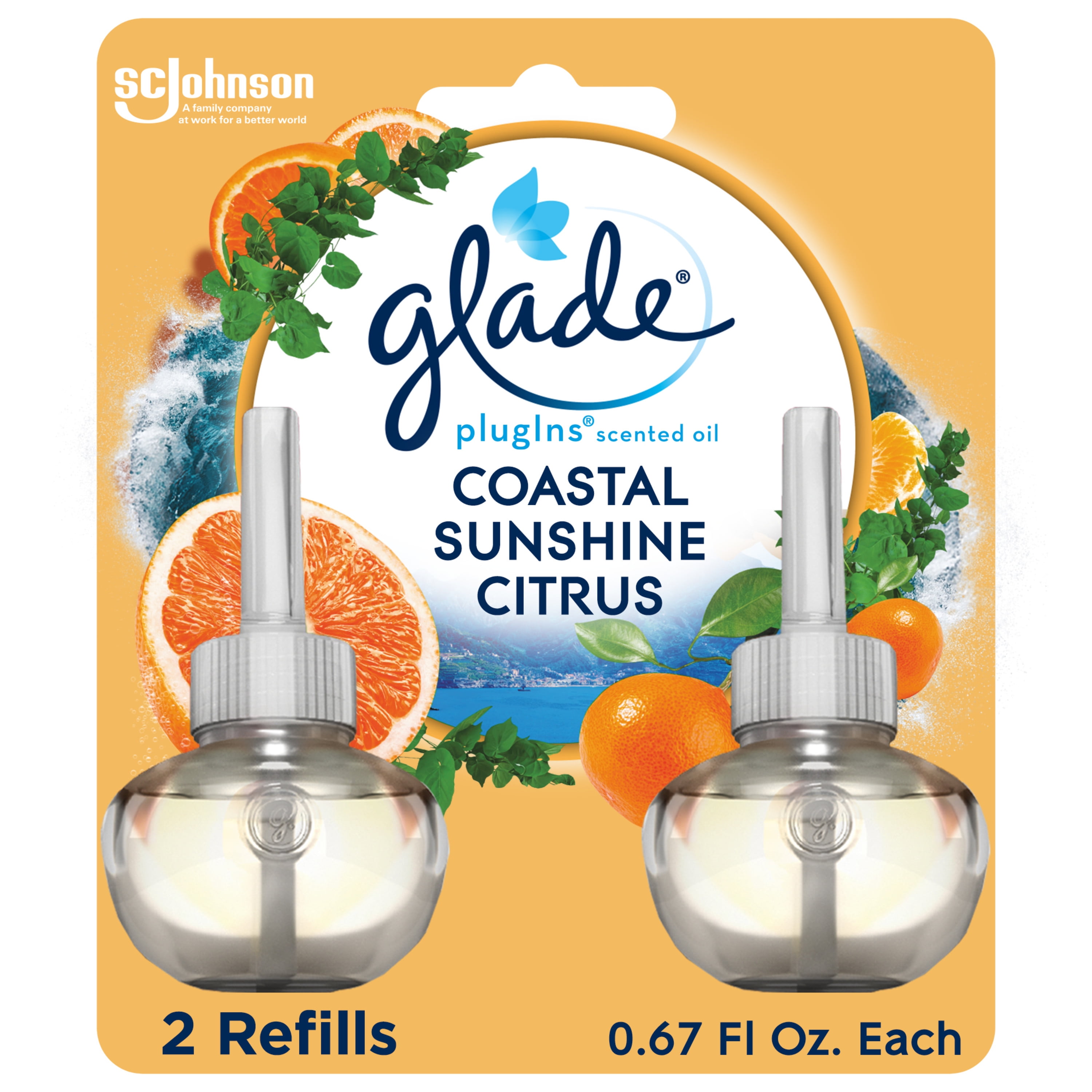 Glade PlugIns Scented Oil 2 Refills, Glade Plug in refills, Air Freshener, Coastal Sunshine Citrus, 2 x 0.67 Oz