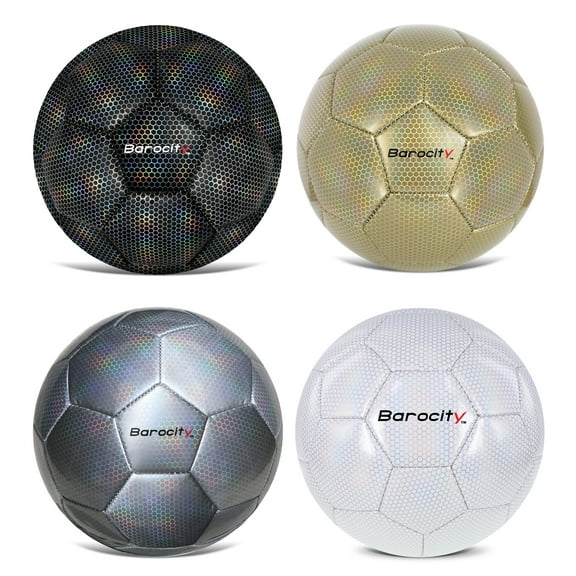 Barocity Iridescent Soccer Balls Set of 4 – Black, Gold, Silver and White Official Match Ball with Reflective Hex Pattern, Sport Soccer Balls for Indoor Outdoor Training and Practice Games - Size 4