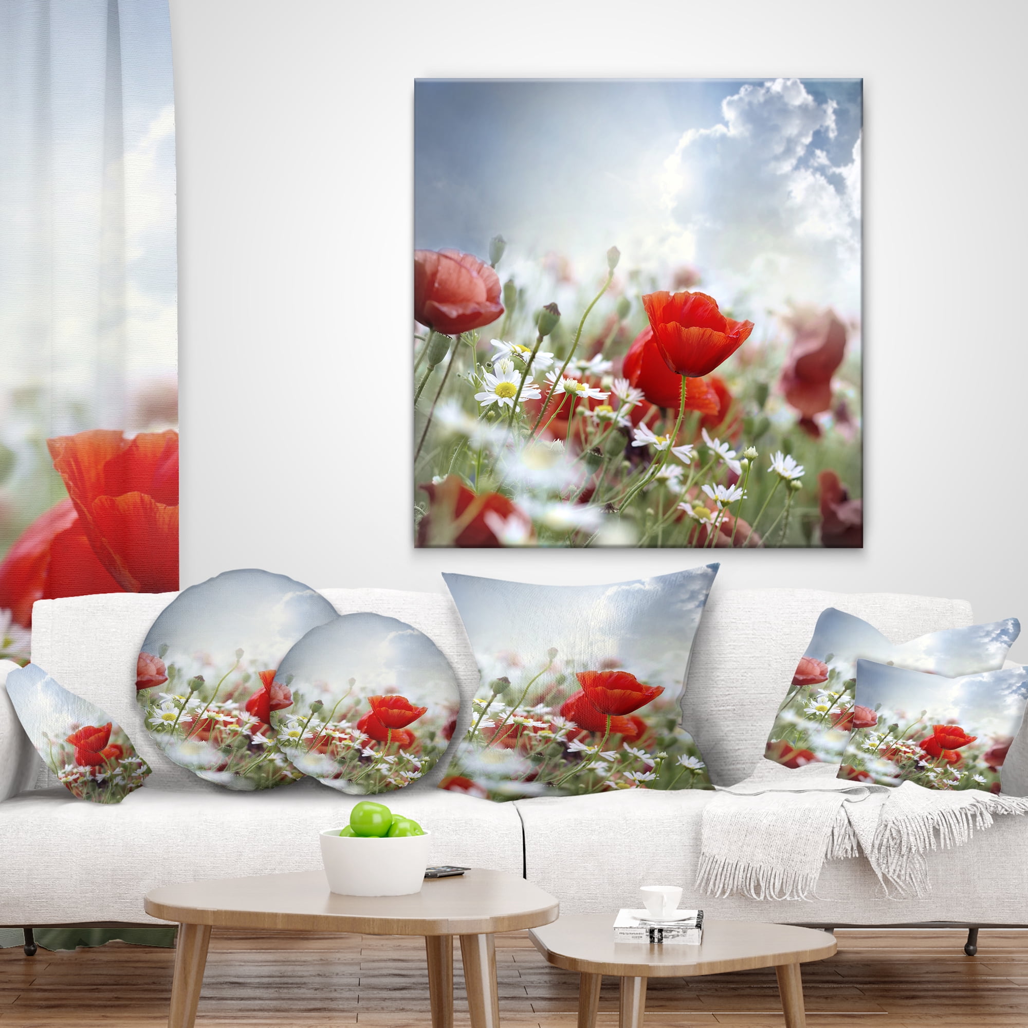 Designart Red Poppies on Cloudy Background - Floral Throw Pillow - 16x16