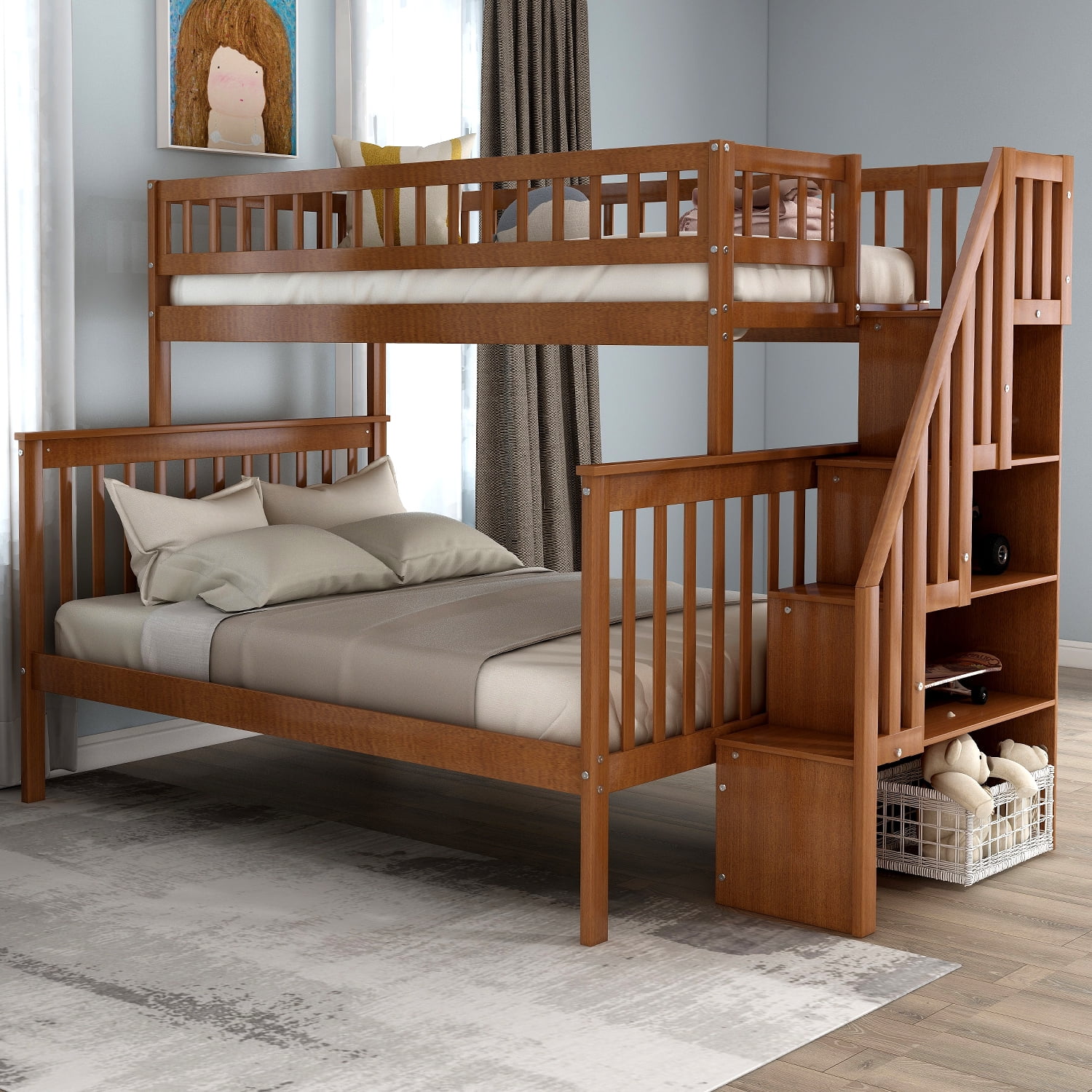 EUROCO Twin Over Full Bunk Bed with Stairs and Storage for Kids, Multiple Colors