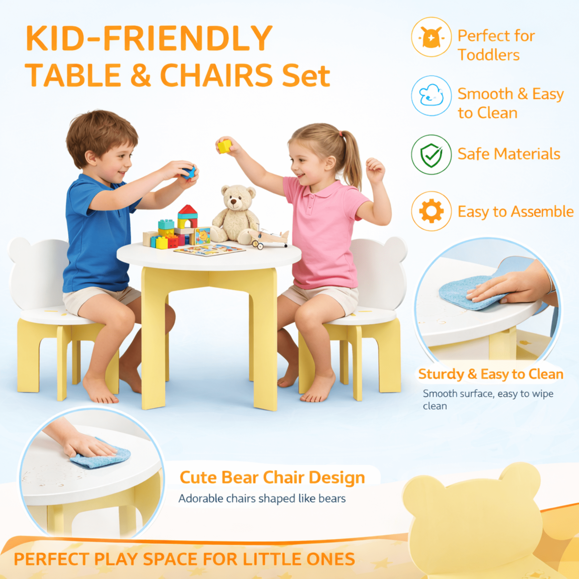 Kids Table and Chair Set, 3-Piece Toddler Table with 2 Chairs, Cute Bear-Back Chairs, Sturdy Wooden Activity Table Set for Kids, Playroom, Bedroom, Preschool