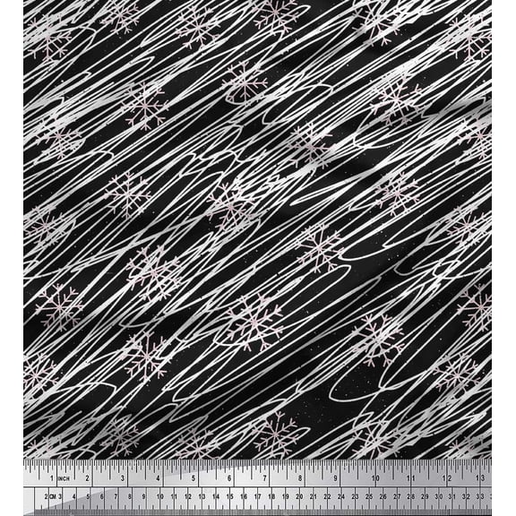 Soimoi Black Cotton Voile Fabric Snow Flake & Thread Art & Craft Print Fabric by the Yard 42 Inch Wide