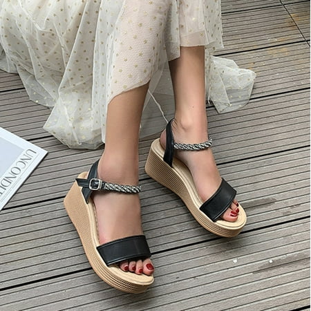 

Sandals Women Summer Slope Water Drill High Heel Thick Bottom Muffin Sandsls Women Womens Sandals Pu Black 38