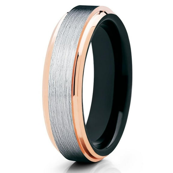 6mm Brushed Tungsten Carbide Wedding Band Rose Gold Stepped Edges Black Inlay Ring 10