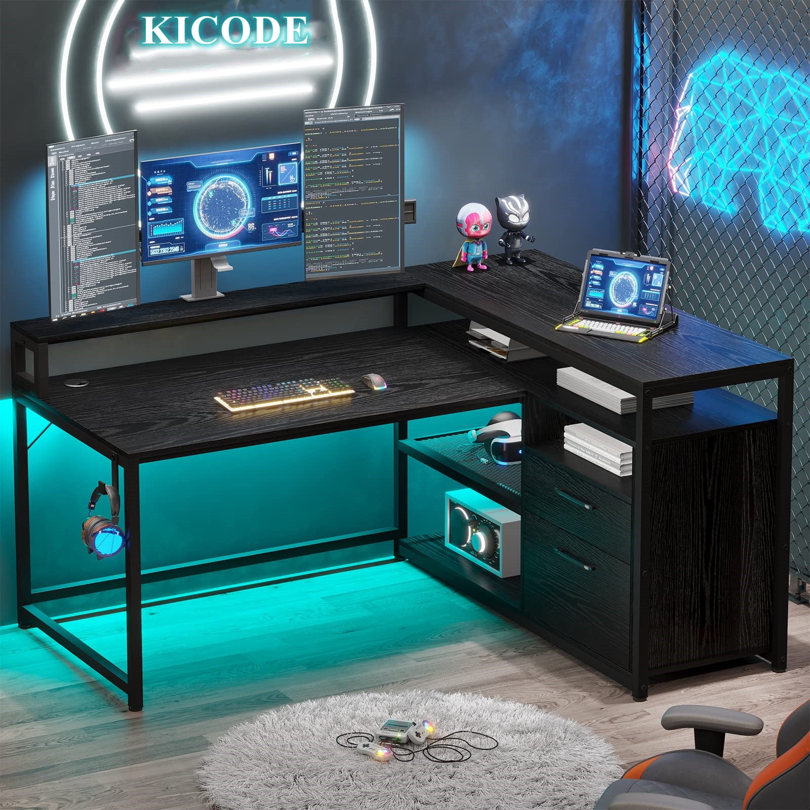 Gray L Shaped Gaming Desk with LED Lights : LDT5454GLD