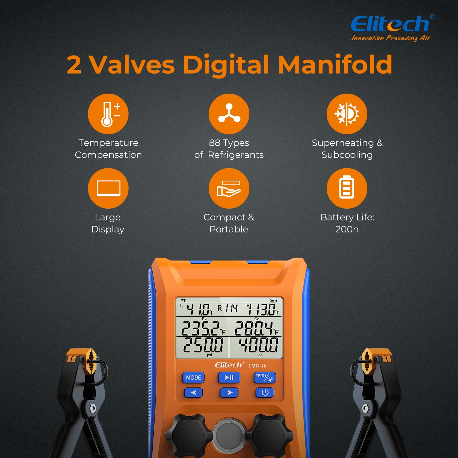 Elitech Digital Manifold Gauge 2-Way Valve with Thermometer Clamps for HVAC Systems, LMG-10Plus