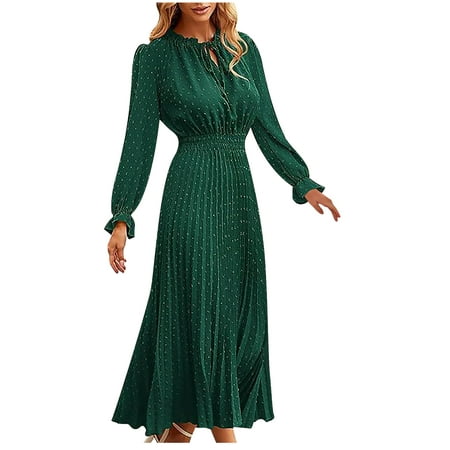 qolati Women Fall Cocktail Dress Casual Loose Long Sleeve Mock Neck Elastic Waist Formal Dress Elegant A Line Boho Flowy Tiered Maxi Long Dress