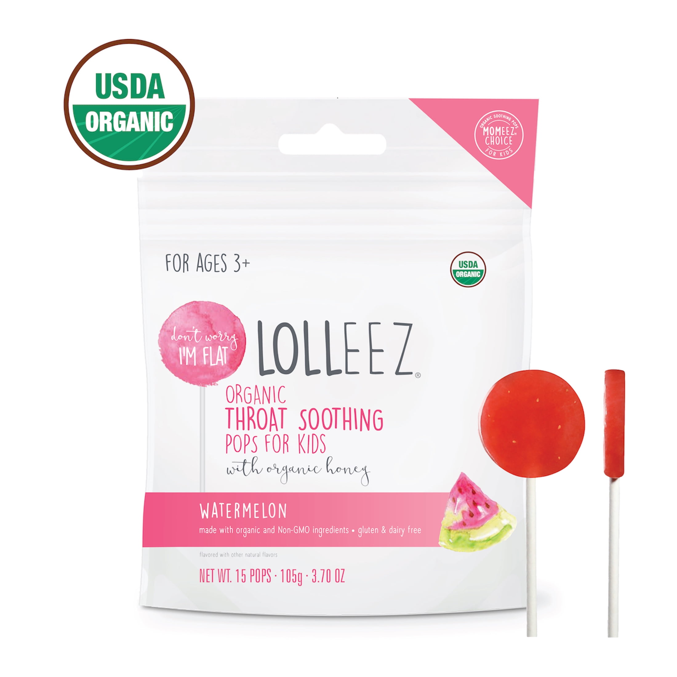 Lolleez Organic Throat Soothing Pops for Kids, Watermelon, 15ct
