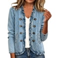 thumbnail image 6 of IROINNID Women's Solid Ruffle Denim Jacket Open Front Long Sleeve Double Button Down Casual Coat with Side Slit Pockets, 6 of 9