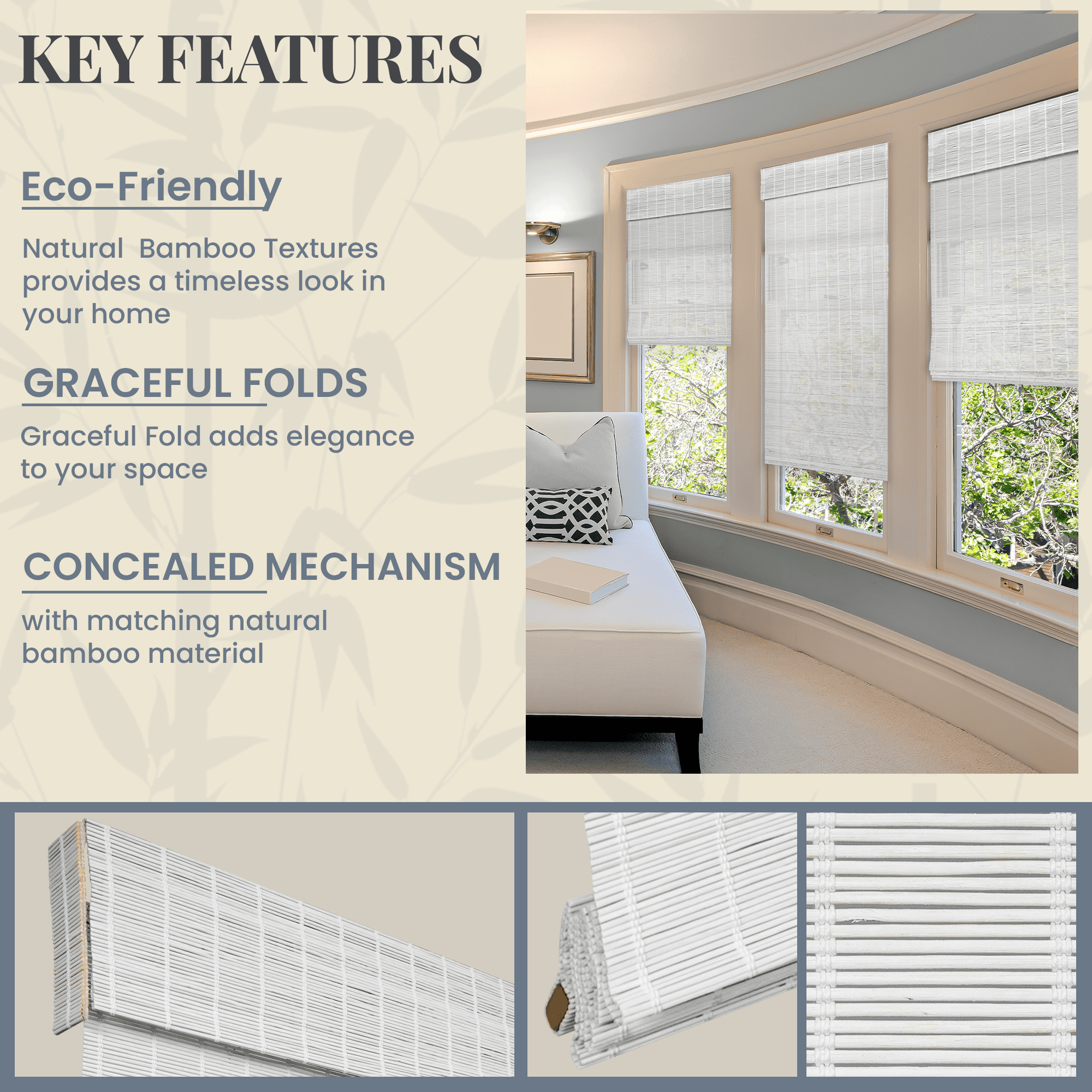 Natural Woven Light Filtering Cordless Bamboo Roman Shades for Windows, 63.5 in. W x 36 in. L, Dior Grey