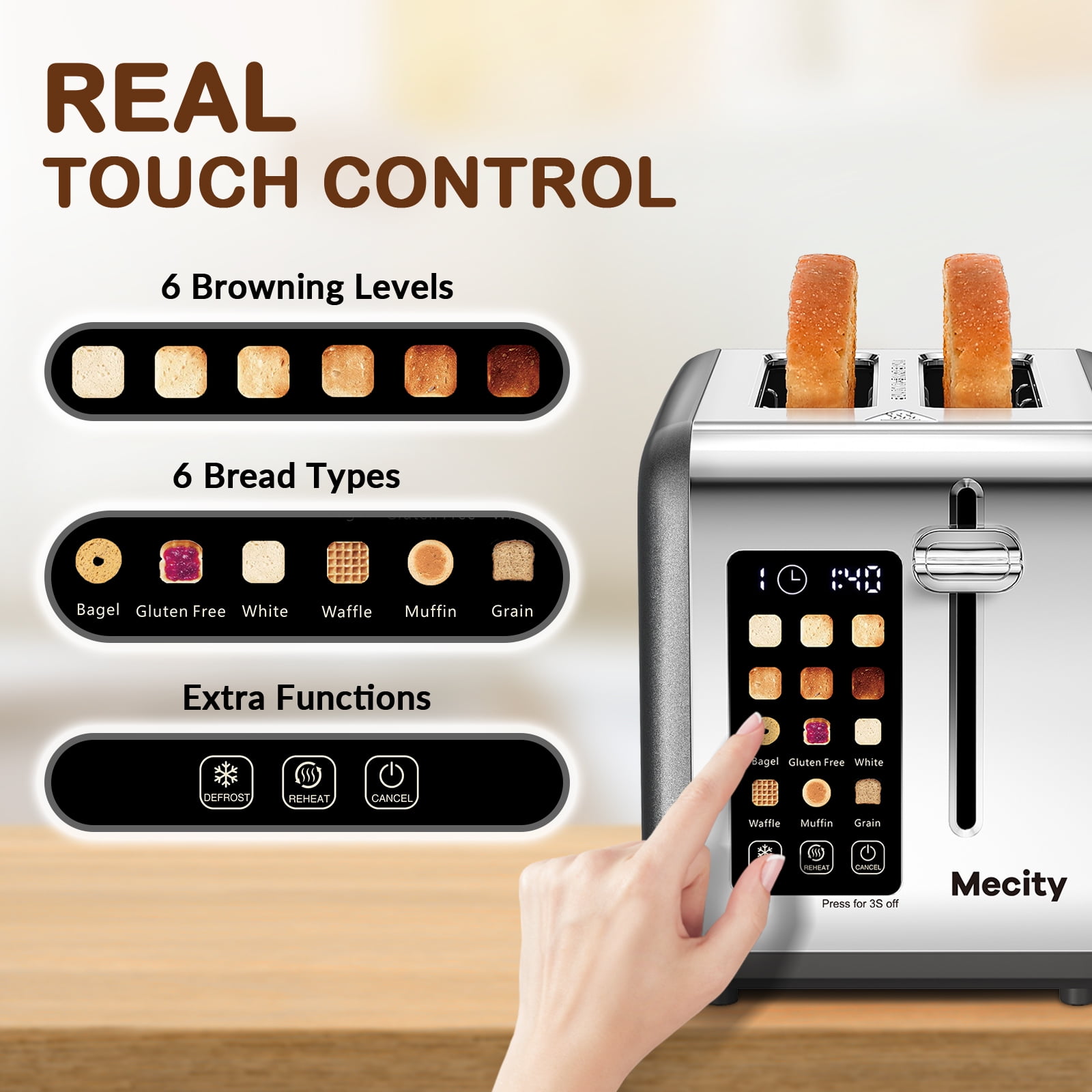 Mecity 2-Slice Touchscreen Toaster with Stainless Steel Casing, 6 Shade Settings, Wide Slots, 120V, Countdown Timer, Gray