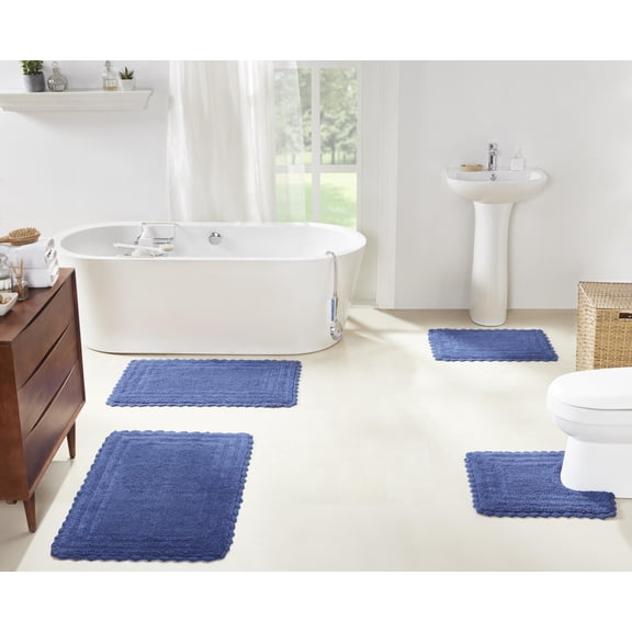 Better Trends 4 Piece Bathroom Rug Set 100% Cotton, Extra Soft Tufted Bath Mat, Water Absorbent & Reversible Mat, Blue Lilly Crochet Collection