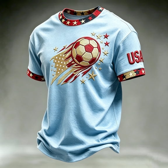 USA Soccer Jersey Men 2026 Soccer Shirt 2D Graphic Crew Neck Short Sleeve Summer Tee Light Blue S
