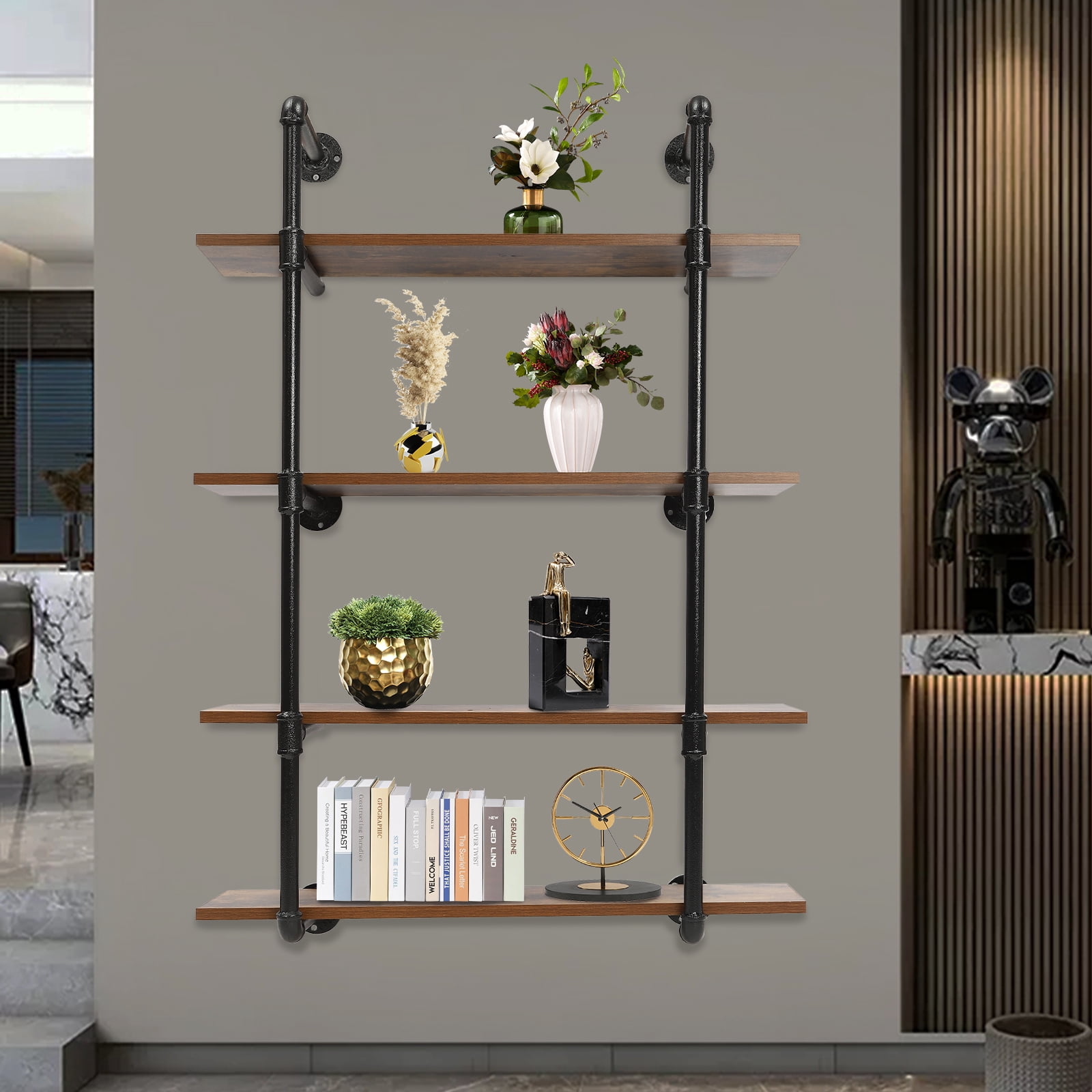 Industrial Pipe Shelving Wall Mounted 4 Tiers Metal Floating Shelves Home Office Real Wood Book Shelves