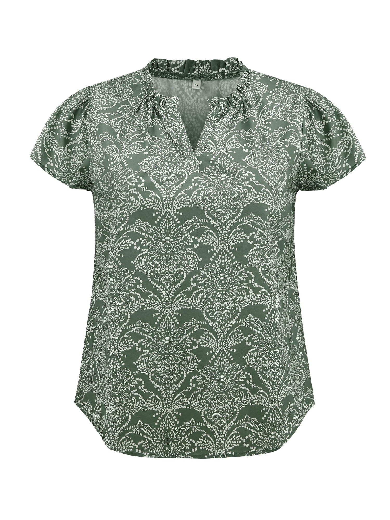 DARING DIVA Women's Plus V Neck Short Sleeve Flowy Casual Blouse 2X Gray Green