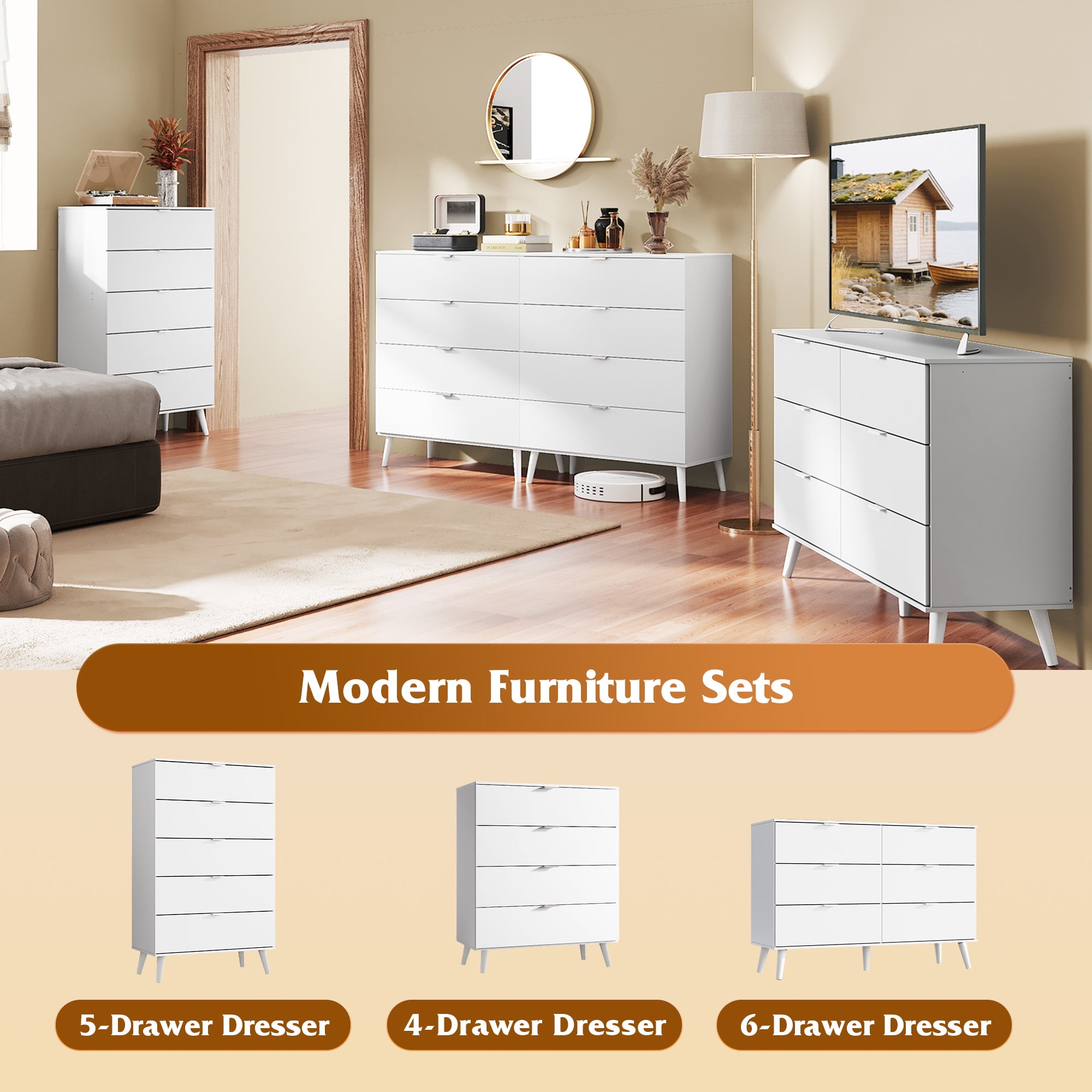 GALAXHERO 6 Drawer Wood Dresser, 47.2" Wide Chest of Drawer with Metal Handles, TV Stand for 55" TV, Double Dresser for Bedroom, Living Room, Hallway, Closet, White