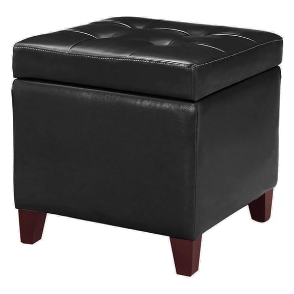 Storage Ottoman Foot Rest Stool, Leather Ottoman Footstool with Wood Legs and Hinged Lid, 18" Small Foot Stool for Living Room, Bedroom, Black