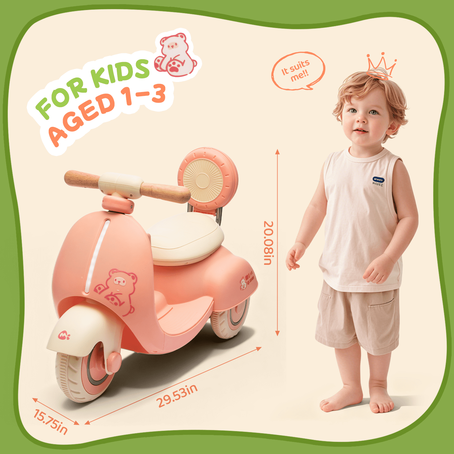 Track Seven 12V Ride on Motorcycle, 3-Wheel Toddler Electrc Scooter with Remote Control, Bluetooth, Wide Seat, Wooden Handle, Slow Start, Electric Motorycle for Boys Girls Aged 1-3 Years, Pink