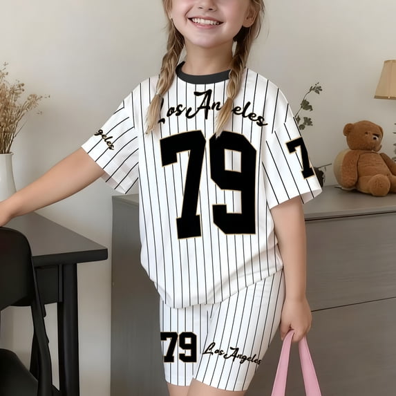 Shadoumai Girls Letter Print Short Sleeve Shorts Casual Summer Outfit For Toddler Kids Back to School Outfits